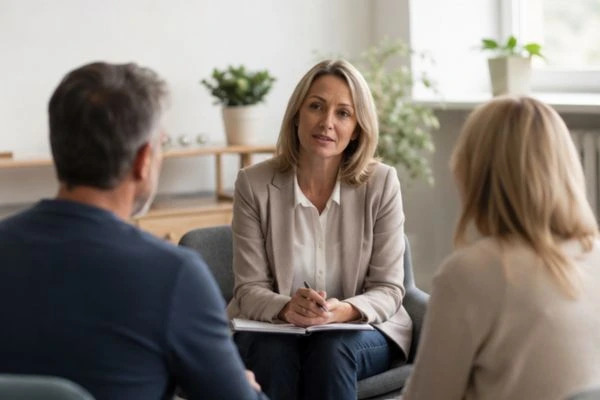 Couple discussing financial arrangement , pensions in divorce Watford